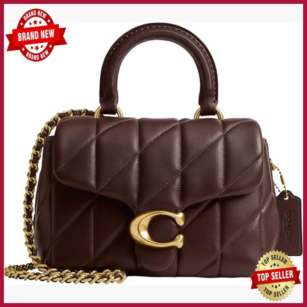 Quilted Leather Top Handle Bag with Chain Strap, Adjustable Crossbody
